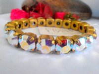 Aurora Borealis Gold Stretch Bracelet / Sew on Crystal Bracelet / 10mm Antique jewelry / Wedding Bridal Link Bracelets