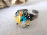 Aurora Borealis Rivoli Adjustable Band Ring with Austrian Crystal 12mm 1122, Antique Silver Cuff Ring, Women Jewelry