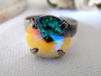 Aurora Borealis Rivoli Adjustable Band Ring with Austrian Crystal 12mm 1122, Antique Silver Cuff Ring, Women Jewelry