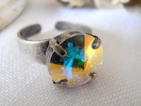 Aurora Borealis Rivoli Adjustable Band Ring with Austrian Crystal 12mm 1122, Antique Silver Cuff Ring, Women Jewelry