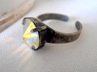 Aurora Borealis Rivoli Adjustable Band Ring with Austrian Crystal 12mm 1122, Antique Silver Cuff Ring, Women Jewelry