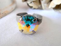 Aurora Borealis Rivoli Adjustable Band Ring with Austrian Crystal 12mm 1122, Antique Silver Cuff Ring, Women Jewelry