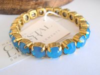 Caribbean Blue Opal Stretch Bracelet / Sew On Crystal Cuff / Antique Gold setting / Round Cup Bracelet / Gift for her