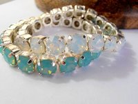 White Opal Pacific Blue Stretch Bracelets / Sew On Crystal Bracelet / Round Chatons Silver setting / Birthday Gift for her