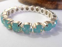 White Opal Pacific Blue Stretch Bracelets / Sew On Crystal Bracelet / Round Chatons Silver setting / Birthday Gift for her