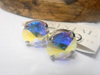 Aurora Borealis Platinum Earrings with Rivoli Crystals 12mm, Dangle & Drop Earrings, Everyday Jewelry, Hook Round Setting, Gift for Girls