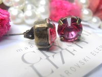 Rose Petal Post Bronze Earrings Crystal Chatons 8mm/ Round Pierced Studs / Antique Jewelry / Girl Birthday Gift