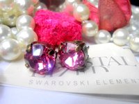 Rose Petal Post Bronze Earrings Crystal Chatons 8mm/ Round Pierced Studs / Antique Jewelry / Girl Birthday Gift