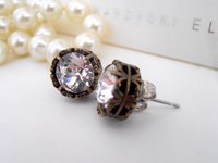 Art Deco Studs with Clear Crystals / Bridal Jewelry / Antique Bronze Filigree Pierced Post / Vintage Accessories