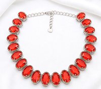 Hyacinth red oval crystal necklace with large 13x18mm stones in platinum filigree prong setting