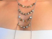 Metallic Gold/Opal Brown Multicolors Crystal Necklace, Layered Long necklace, Strand, Cupchain, Antique Silver chain, Jewelry