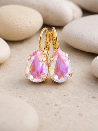 Pink Swarovski crystal earrings teardrop earring set in gold plating