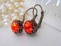 Hyacinth Orange Art Deco Crystal Earrings, Lever back Dangle Drop, Antique Bronze Jewelry, Filigree Prong Setting