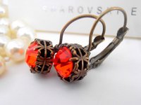 Hyacinth Orange Art Deco Crystal Earrings, Lever back Dangle Drop, Antique Bronze Jewelry, Filigree Prong Setting