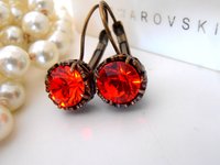 Hyacinth Orange Art Deco Crystal Earrings, Lever back Dangle Drop, Antique Bronze Jewelry, Filigree Prong Setting