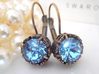 Aquamarine Blue Drop Earrings / Art Deco / Georgian Leverback Dangle Crystal Earrings / Antique Bronze / Filigree Vintage Jewelry