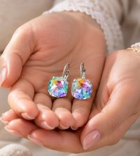 Colorful Swarovski crystal leverback earrings with sparkling 12mm cushion cut stones.