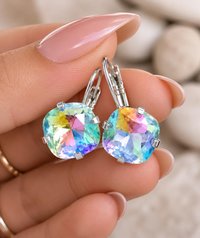 Elegant silver dangle earrings with multicolor 12mm Swarovski crystals.