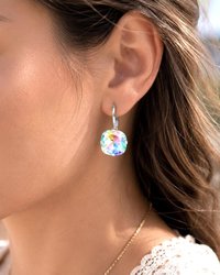 Rainbow cushion cut crystal earrings in silver plated settings for everyday or bridal wear.
