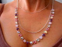 Purple and Rose Long Chain Necklace 8mm, Two Layer Necklace, Silver Crystal Choker