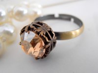 Golden Shadow Stackable Bronze Ring / Art Deco Adjustable Solitaire Ring / Golden Shadow Crystal / Antique Filigree Jewelry