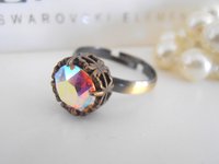 Aurora Borealis Bronze Filigree Adjustable Ring in Bronze, Antique Crystal Jewelry, Girlfriend Birthday Gift