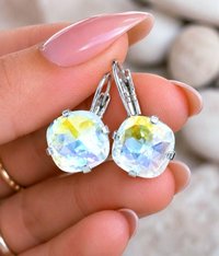 Handmade bridal earrings featuring 12mm cushion cut swarovski crystals.
