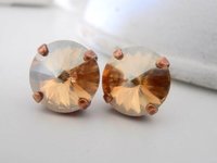 Golden Shadow Copper Rivoli Stud Earrings / Antique Jewelry / Pierced Post / Crystal Studs / Wedding / Birthday Gift