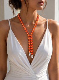 Handmade orange crystal lariat necklace with clear teardrop ends, Swarovski Crystals