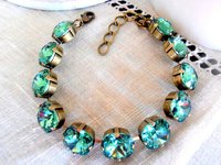 Cushion Cut Crystal Bracelet / Erinite Green / Cupchain Tennis Bracelet / 4470 12mm Square Cut / Vintage Style / Gift for her /