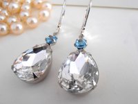 Crystal Clear Dangle Coctail Earrings / Long Wedding earrings 14x10mm / Aquamarine Pear Droplet / Silver Leverback setting