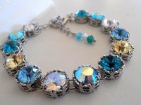 Multicolors Blue Crystal Art deco Bracelet / Wedding Jewelry / Platinum Plated Filigree / Fashion Bracelet / Gift