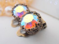 Aurora Borealis Clip On Bronze Earrings, Art Deco Studs, Non Pierced for girls, Antique Jewelry, Clip On Post,