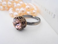 Vintage Rose Crystal  Statement Stackable Ring / Art Deco Bronze Jewelry / Filligree setting