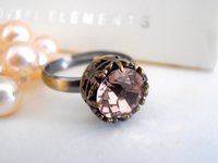 Vintage Rose Crystal  Statement Stackable Ring / Art Deco Bronze Jewelry / Filligree setting