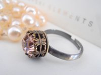 Vintage Rose Crystal  Statement Stackable Ring / Art Deco Bronze Jewelry / Filligree setting