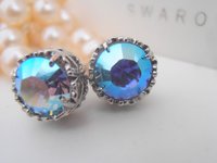 Aquamarine AB Filigree Stud Earrings / Crystal studs / Platinum Jewelry / Art deco post / Christmas gift
