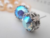Aquamarine AB Filigree Stud Earrings / Crystal studs / Platinum Jewelry / Art deco post / Christmas gift