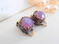 Cyclamen Opal Clip On Bronze Filigree Earrings / Non Pierced Art Deco Studs / Antique Jewelry / Birthday Gift