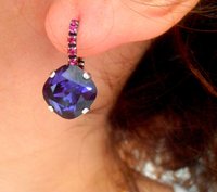 Purple and Fuchsia Rhinestone Dangle Earrings in Antique Silver, Lever back Cushion Drop Earring, Bridal Jewelry for Women, Girlfriend Gifts