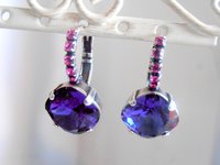 Purple and Fuchsia Rhinestone Dangle Earrings in Antique Silver, Lever back Cushion Drop Earring, Bridal Jewelry for Women, Girlfriend Gifts