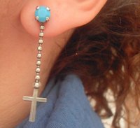 Turquoise Cross Religious Earrings / Long Pierced Dangle & Drop / Gothic Jewelry / Medieval / Birthday Gift