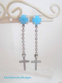 Turquoise Cross Religious Earrings / Long Pierced Dangle & Drop / Gothic Jewelry / Medieval / Birthday Gift