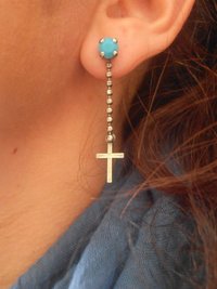 Turquoise Cross Religious Earrings / Long Pierced Dangle & Drop / Gothic Jewelry / Medieval / Birthday Gift