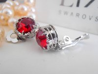 Siam Red Clip on Crystal Earrings, Platinum Non Pierced Studs, Christmas Gift, Art Deco Jewelry