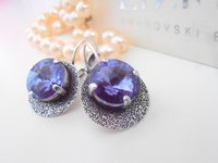 Tanzanite Blue Rivoli Earrings / Hammered Statement Drops / Rivoli Disc Earrings / Dangle Drop / Antique Silver