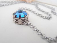 Metallic Blue Dainty Solitaire Pendant, Minimalist Jewelry, Art deco Filigree Platinum Chain Pendant, Birthday Gift