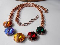 Vintage Multicolors Antique Copper Chain Necklace with Rivoli Crystals 1122,Tennis Cup chain Crystal Jewelry, Women Birthday Gift