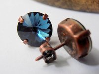 Montana Rivoli Earrings, Crystal Blued Studs, Antique Copper, Post Earrings, Costume Jewelry