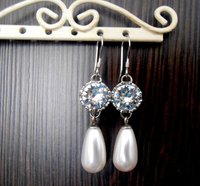 White Pearl and Crystal Teardrop Dangle Earrings in Platinum, Wedding Day Jewelry for Brides, Bridgerton Anniversary Gifts